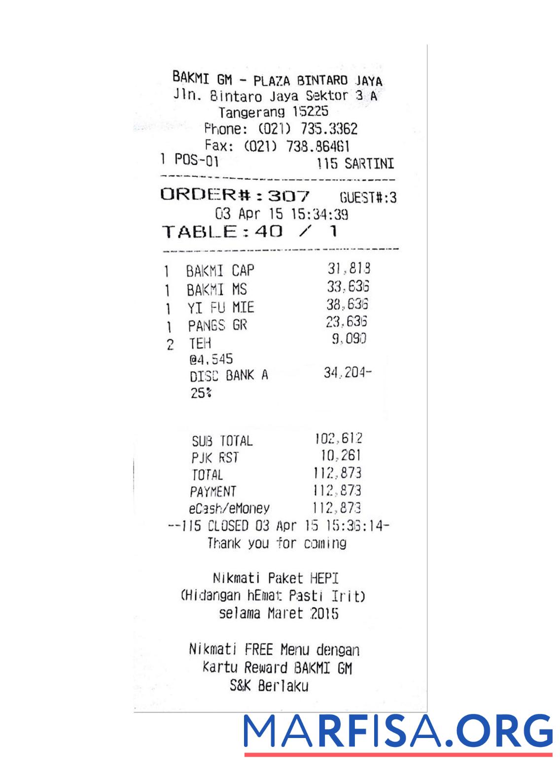 Blank BAKMI GM PLAZA payment receipt example